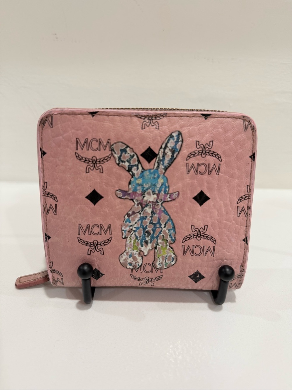 MCM Pink Logo Bunny Zip Wallet with Multicolor Bunny